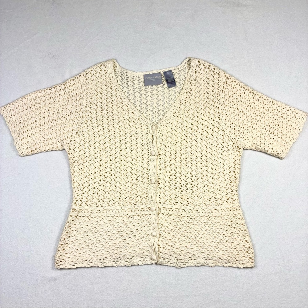 First Issue Crocheted Cardigan Sweater Large Cream Buttons S/S Boho Coquette Vtg